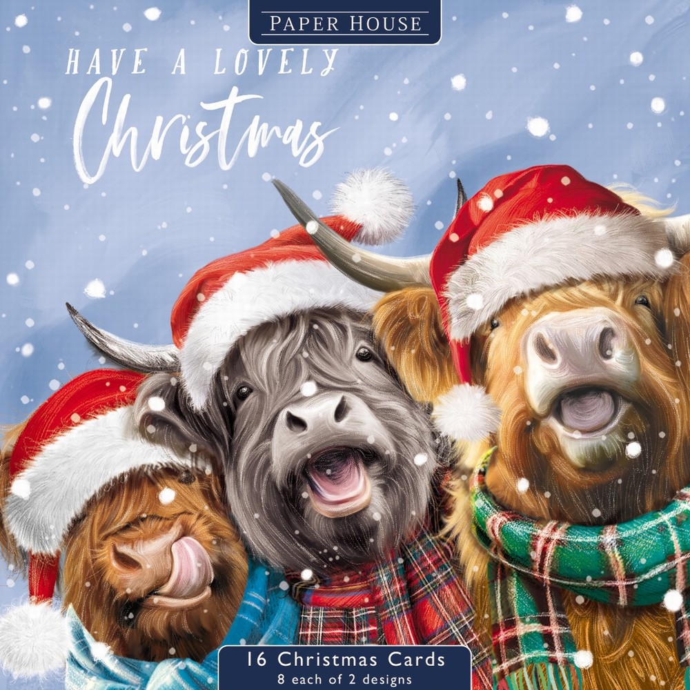 Box of 16 Christmas Cards 2 Designs - Christmas Highland Cows