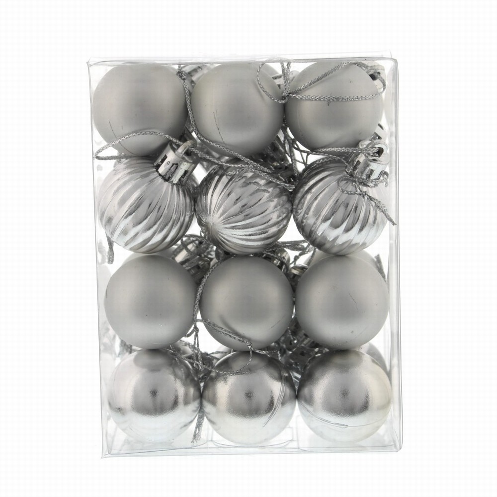 Festive Pack of 24 x 3cm Mixed Baubles - Silver
