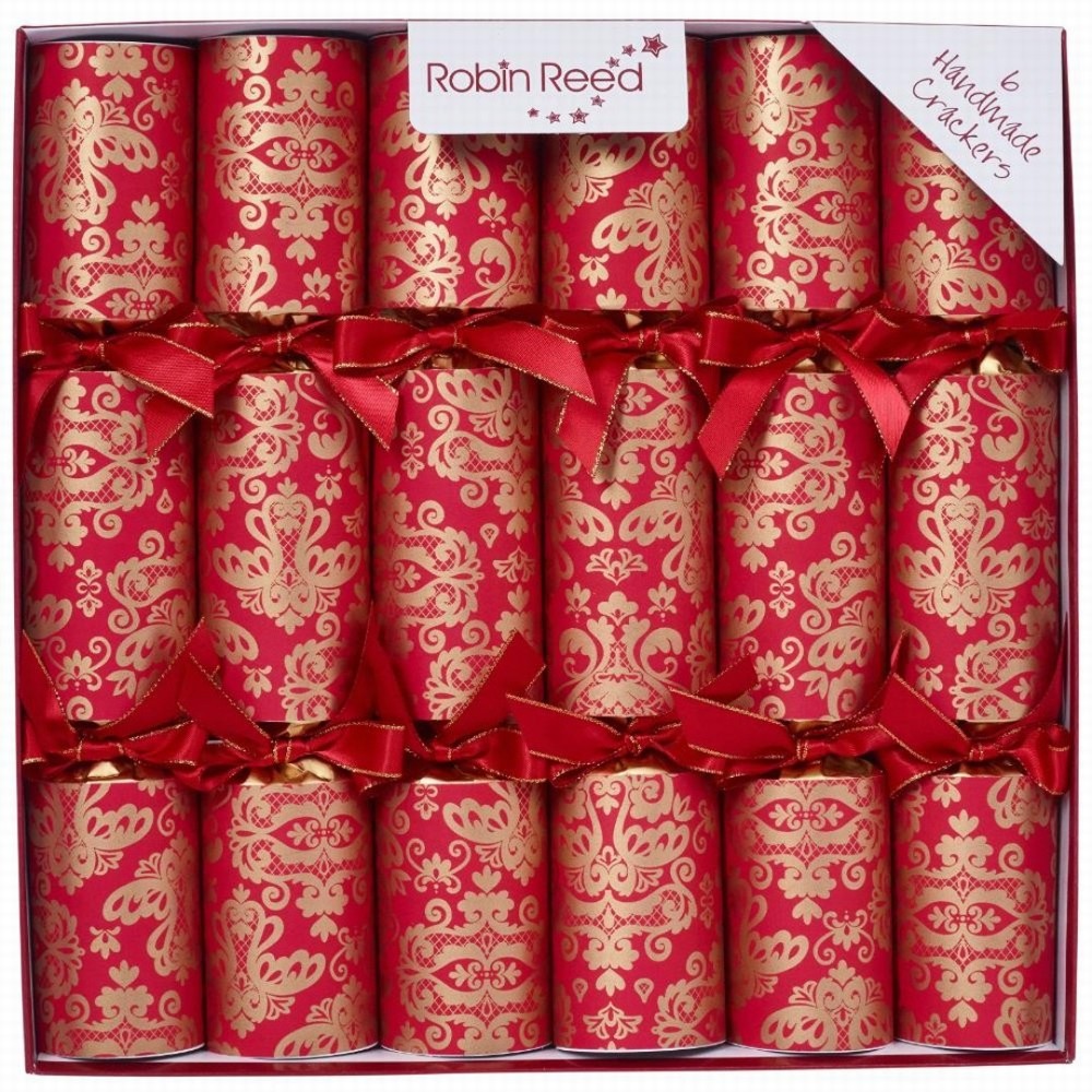 Robin Reed 6 Classic 12" Christmas Crackers - Red Damask