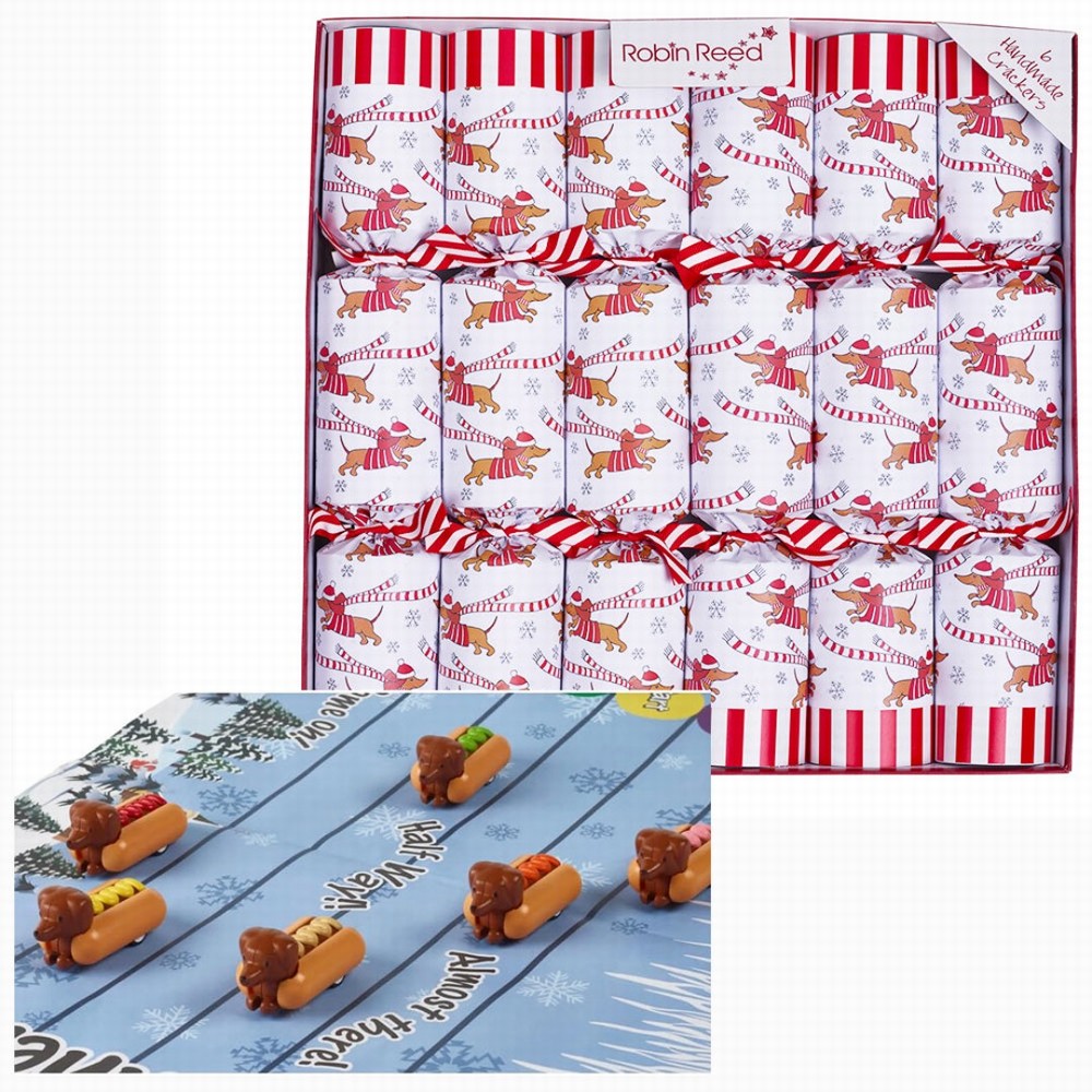 Robin Reed 6 Fun 13" Christmas Crackers - Racing Sausage Dog